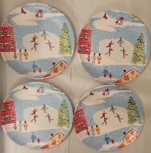 4x Melamine Salad Plates Christmas Holiday House Winter Snow Scene Lot