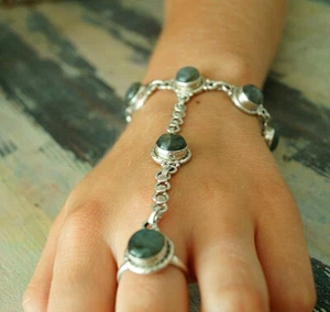 Sklavenarmband Ring 52 - 56 Silber Labradorit 19 cm Kette Gothic Vintage Armband - Bild 1 von 10