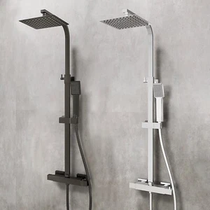 Bathroom Thermostatic Exposed Shower Mixer Twin head Square Bar Set Chrome&Matte - Picture 1 of 19