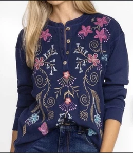 Top Henley termico Johnny Was Sisa ricamato boho blu navy taglia XL - Foto 1 di 8