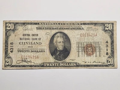 1929 $20 Central United National Bank Cleveland Ohio Note - E019425A - Image 1 of 2