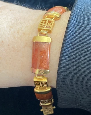 Brazalete Joyería JC Firmado Vintage Jade Naranja/Marrón Tono Oro Foto 1 de 4