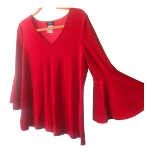 MSK Women Red Velvet V-Neck Top Long Bell Flared Sleeves Size Large Made n USA - Picture 1 of 7