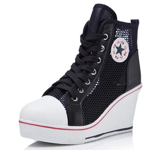 Ladies Wedge High Heels Mesh Casual Shoes Sneakers Casual Lace Up Shoes EU35-43 - Picture 1 of 33