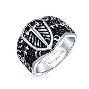 Mens Religious Viking Shield Maltase Fleur De Lis Cross Signet Band Ring For - Picture 1 of 9