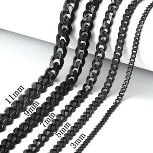 3/5/7/9/11mm Cuban Curb Mens Necklace Black Stainless Steel Link Chain 18"-30" - Picture 1 of 14