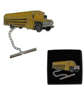 Large Enamel Mens Yellow School Bus Tie Tack Pin Silver Tone - Gift Boxed - Picture 1 of 4