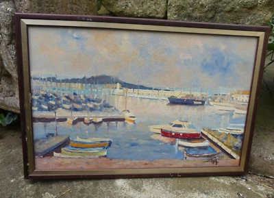 Tableau Huile sur panneau Port d'Antibes 1980 signé Mages Meges 54cmX37cm - Photo 1/4