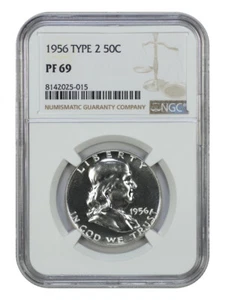 1956 50C NGC PR69 (Type 2) - Franklin Half Dollar - Essentially Perfect - Picture 1 of 4