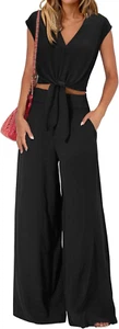 Women'S Summer 2 Piece Outfits 2025 Cap Sleeve V Neck Belted Crop Tops Wide Leg - Picture 1 of 12