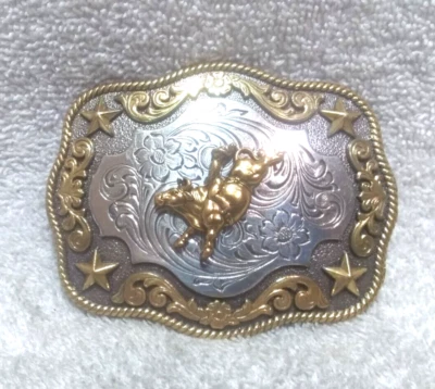 Nocona Silver Gold Bull Rider Buckle Gold Texas Stars Flower Filigree Mint !! - Image 1 of 4