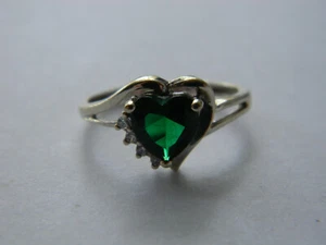 Gold Over 925 Sterling Silver Heart Shaped Created Emerald & CZ Accent Ring Sz 7 - Picture 1 of 11
