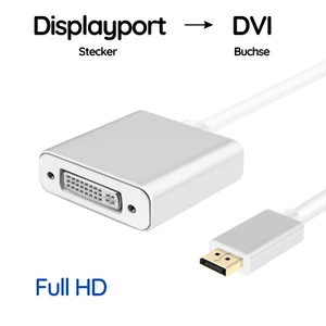 Displayport Stecker auf DVI Buchse Adapterkabel Silber Full HD Vergoldet - Bild 1 von 7