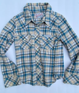 True Religion Little Boys' Button-Down Flannel Shirt S Blue Yellow Pearl Snap - Picture 1 of 4