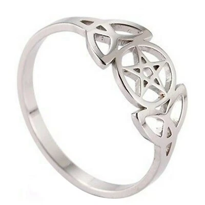 Triple Goddess Ring Silver Stainless Steel Star Crescent Moon Band Sizes 6-10 - Image 1 of 4