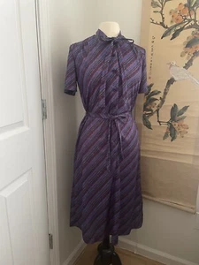 Vintage 1970s Montgomery Ward Neck Bow Tie Belted Dress 8- 14 Medium Large - Picture 1 of 17
