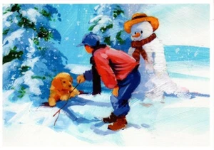 Merry Christmas Yellow Lab Retriever Puppy Boy Snowman Greeting Cards - Set of 9 - Picture 1 of 3