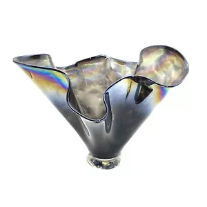 Carnival Glass STUDIO ART GLASS Hankerchief Vase - Black Iridescent - Picture 1 of 9