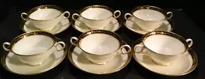 (6) Gilman Collamore Co. Cauldon Blau Gold Lorbeer Creme Suppenschalen & Unterteller - Bild 1 von 8