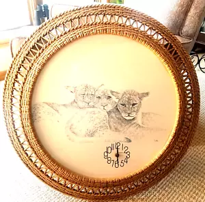 BURWOOD LION CUBS Cat Large WALL CLOCK 29” FAUX WICKER FRAME 1977 NEW HAVEN 2075 - Picture 1 of 6