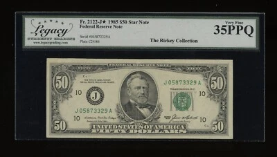 DBR 1985 $50 FRN Kansas City Fr. 2122-J Legacy 35 PPQ Serial J05873329A - Image 1 of 2