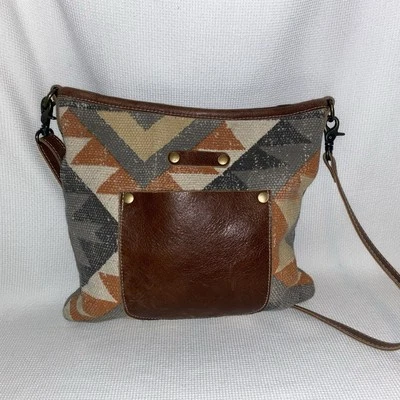 MYRA Bag Multicolor Geometric Canvas Leather Accent Crossbody Purse - Image 1 of 4