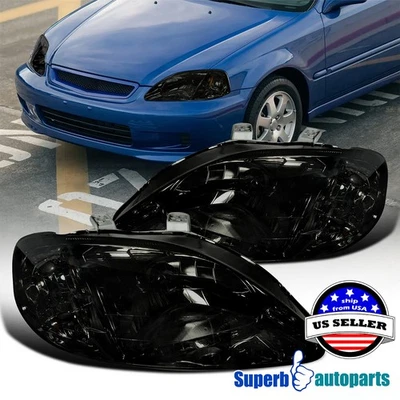 Fits 1999-2000 Honda Civic EK EX LX Si Headlights Smoke Head Lamps 99-00 Pair — 第 1/4 张图片