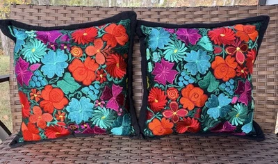 2 Mexican Throw Pillow Oaxaca Handmade Floral Embroidered 18"x18" STUNNING - Image 1 of 4