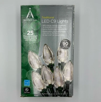Luzes LED C9 tradicionais Holiday Wonderland, 25 lâmpadas LED brancas quentes transparentes - Imagem 1 de 4