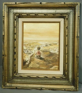 VINTAGE Marlene Dvorak Kaar Oil Painting Small Boy VAST Sea Carved 1960s Frame - Picture 1 of 10