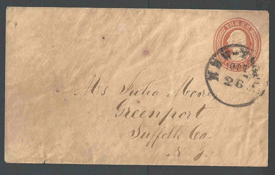 1853 U10 Used Entire 3c Red On Buff Die 5 Size 7 Knf 22 W/Patent Lines Inside  - Image 1 of 1