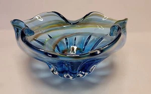 Vintage Murano Handmade Art Glass Bowl Ashtray 6 X 2.5” MCM 1960’s Blue Swirl - Picture 1 of 6