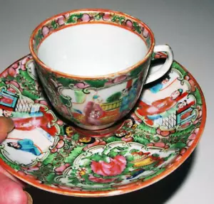 Antico piattino tazza medaglione rosa famiglia cinese porcellana - Foto 1 di 5