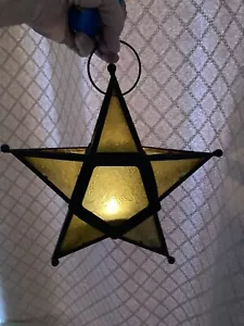Star Colored Glass Candle Holder Amber Yellow Etched Hanging Lantern10” - Picture 1 of 12