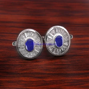 Natural Lapis Lazuli & CZ  Gemstones  with 925 Sterling Silver Cufflinks #37 - Picture 1 of 8
