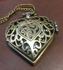Heart Locket Pendant Arabic Numerals Pocket Watch Necklace for Women Girls # 357 - Picture 1 of 3