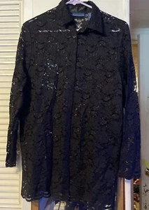 Karen Scott Small Black Lace Long Sleeve Shirt Sheer Womens Blouse Top See Thru - Picture 1 of 9