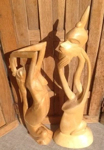 VTG Wood Carved Thinker Nude Naked Modern Art Topless Sculpture Woman Man Couple - Picture 1 of 12