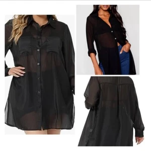 women s long sleeve / Button Down Chiffon Top W/ Slits On Side / Black - Picture 1 of 8