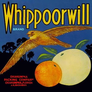 Impresión artística de etiqueta de caja de cítricos naranja marca Whippoorwill Okahumpka Florida - Imagen 1 de 1