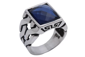 Turkish Style Handmade Jewelry Rectangle Sapphire925 Sterling Silver Men's Ring - Picture 1 of 8