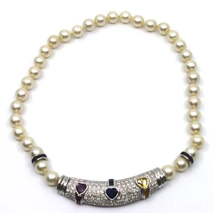 Akoya Pearl Diamond & Sapphire Collar Choker Necklace in 18k Solid White Gold - Picture 1 of 15