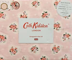 Cath Kidston London Pink LACE HEARTS Queen 4 Piece Cotton Sheet Set Deep Fit NIP - Picture 1 of 10