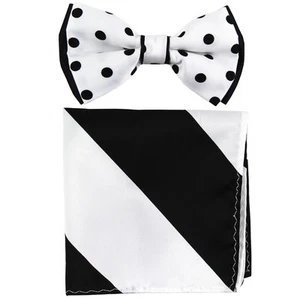 New Men's Two Layer Tones Pre-tied Bow Tie and Hankie Set White White Black Dots - Picture 1 of 3