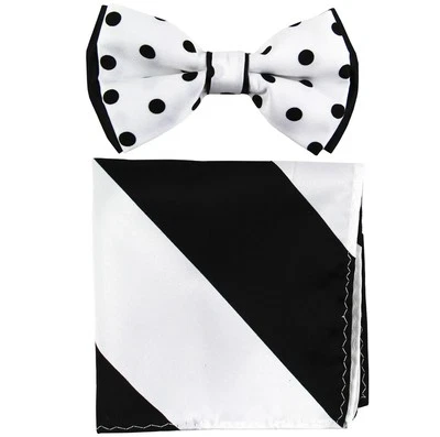 New Men's Two Layer Tones Pre-tied Bow Tie and Hankie Set White White Black Dots - Image 1 of 3