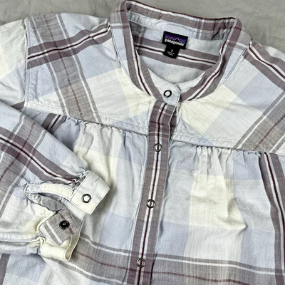 PATAGONIA Settlers Dress Womens 2 Plaid Henley Placket Snap Mandarin Collar VTG - Image 1 of 4