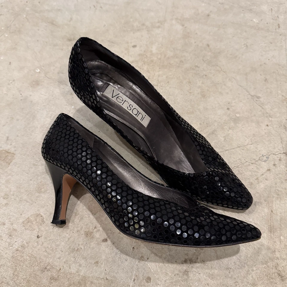 Zapatos de tacón de aguja vintage para mujer Versani de cuero negro plisado 8,5 B Foto 1 de 4