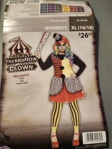 Women's XL Freakshow Clown Costume, Halloween Costume, 3pc Dress, Hat And Tights - Picture 1 of 7