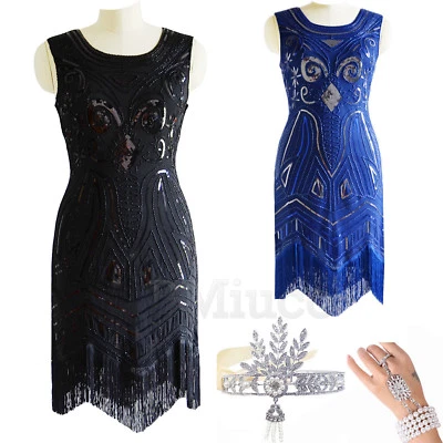 Vestido de aleta de la década de 1920 Gatsby con cuentas lentejuelas flecos vestido graduación noche vestidos retro Foto 1 de 4