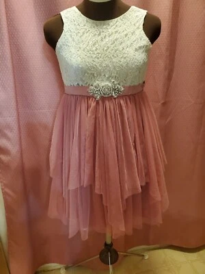 PrettyPinkChiffon And White Lace Party Easter Dress Girls Size 12 Kerchief Hem  - Image 1 of 3